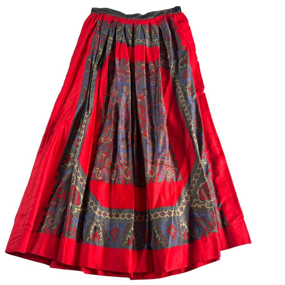 Vintage Cullinane Red Paisley Midi Skirt 100% Cotton Adjustable Waist Medium